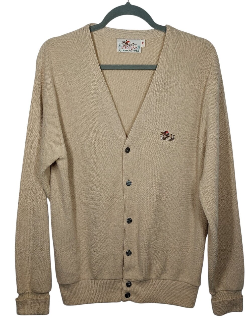 Vintage Steeplechase Tan Cardigan Sweater Mens Medium Horse Jump Logo